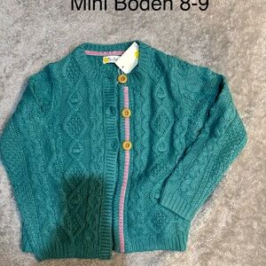 Mini Boden Kids Cable Knit Cardigan - Green with Pink Trim